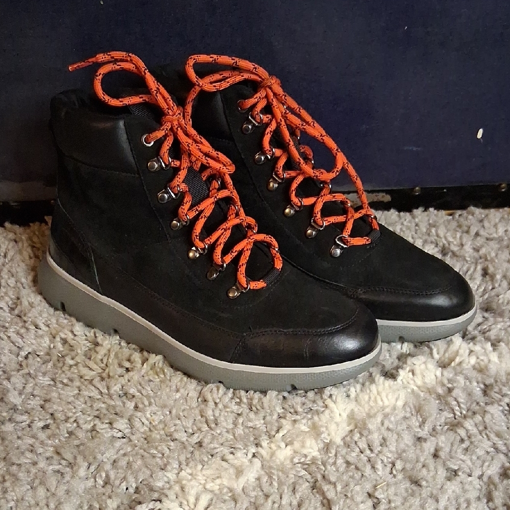 Cole Haan Womens Black Moto Combat Boots with Orange Laces 9